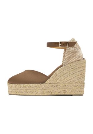 Sandalo espadrille con zeppa marrone, cinturino alla caviglia, tacco intrecciato e punta chiusa, mostrato di profilo su sfondo bianco.