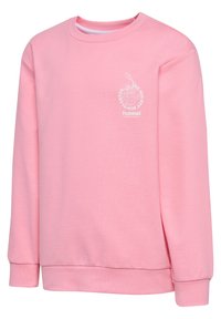 Rosa sweatshirt med rund halsringning, långa ärmar, ribbade manschetter och ett vitt grafiskt tryck på vänster bröst. Mjuk tygstruktur.