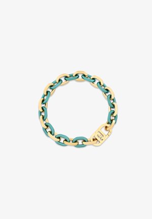 Kuld- ja türkiissinise värvi kettkäevõru, millel on omavahel seotud lingid, läikiv viimistlus ja eristuv lukustuskujundus.