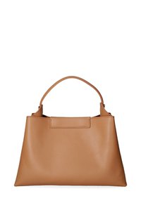 Borsa in pelle color tan con un design strutturato, manico rotondo e fondo piatto. Presenta cuciture minime e una superficie liscia.