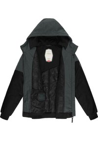 Giacca grigia e nera con zip e cappuccio, dotata di un rivestimento isolante a motivo e tasche frontali. Il materiale ha una texture liscia.