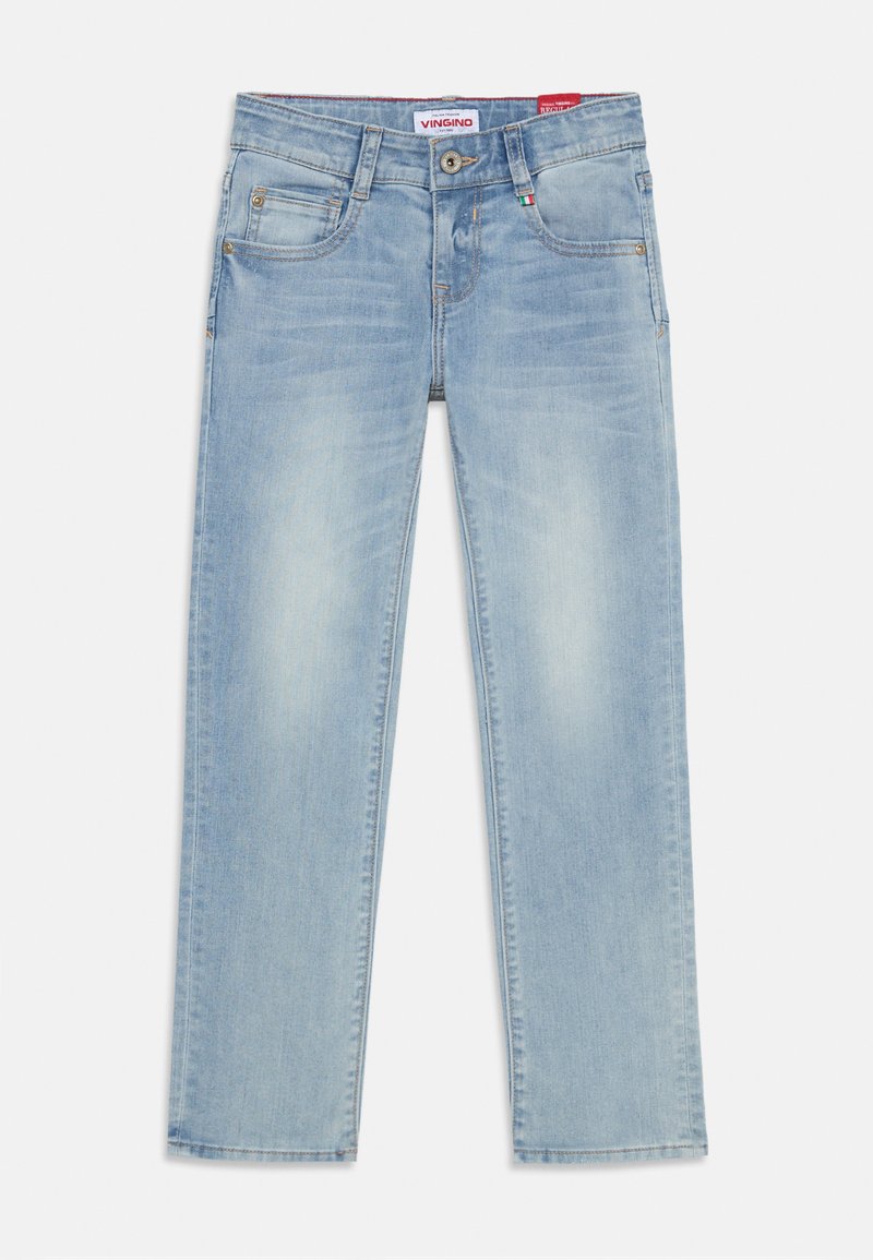 Šviesiai mėlyni džinsai su tiesiu kirpimu, penkiomis kišenėmis ir kontrastingomis siūlėmis. Yra mygtukų uždarymas ir prekės ženklo etiketė ant juosmens.