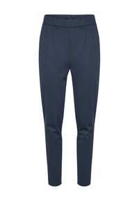 Pantalons ajustés bleu marine avec passants de ceinture, plis avant repassés et conception de jambe fuselée.