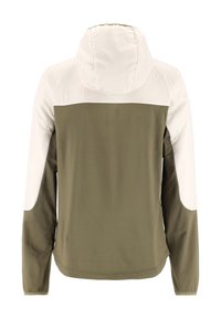 Kapuzensweatjacke mit Farbblock-Design; aus olivgrünem Stoff mit weißen Akzenten an Schultern und Ärmeln; glatte Textur.