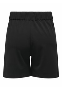 Černé kraťasy s elastickým pasem, vyrobené z hladké látky. Mají jednoduchý design a délku nad stehna, bez jakýchkoli vzorů nebo akcentů.