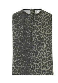 Mouwloze top in een groene luipaardprint, met een hoge halslijn en een ritssluiting aan de achterkant, gemaakt van een gestructureerde stof.