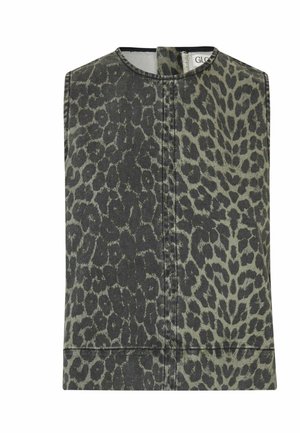 Mouwloze top in een groene luipaardprint, met een hoge halslijn en een ritssluiting aan de achterkant, gemaakt van een gestructureerde stof.