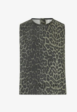 Sleeveless top in a green leopard print design, featuring a high neckline and a back zipper closure, made of textured fabric.