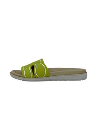 Sandal in verde con cuciture bianche a contrasto, dotato di un design open-toe e un plantare beige imbottito. Suola bianca leggera.