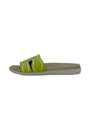 Sandal in verde con cuciture bianche a contrasto, dotato di un design open-toe e un plantare beige imbottito. Suola bianca leggera.