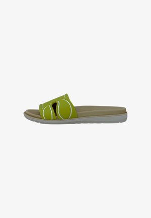 Sandal in verde con cuciture bianche a contrasto, dotato di un design open-toe e un plantare beige imbottito. Suola bianca leggera.