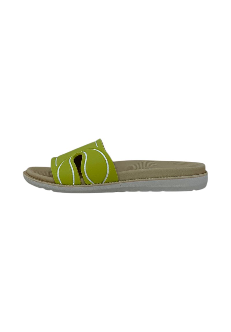 Sandal in verde con cuciture bianche a contrasto, dotato di un design open-toe e un plantare beige imbottito. Suola bianca leggera.