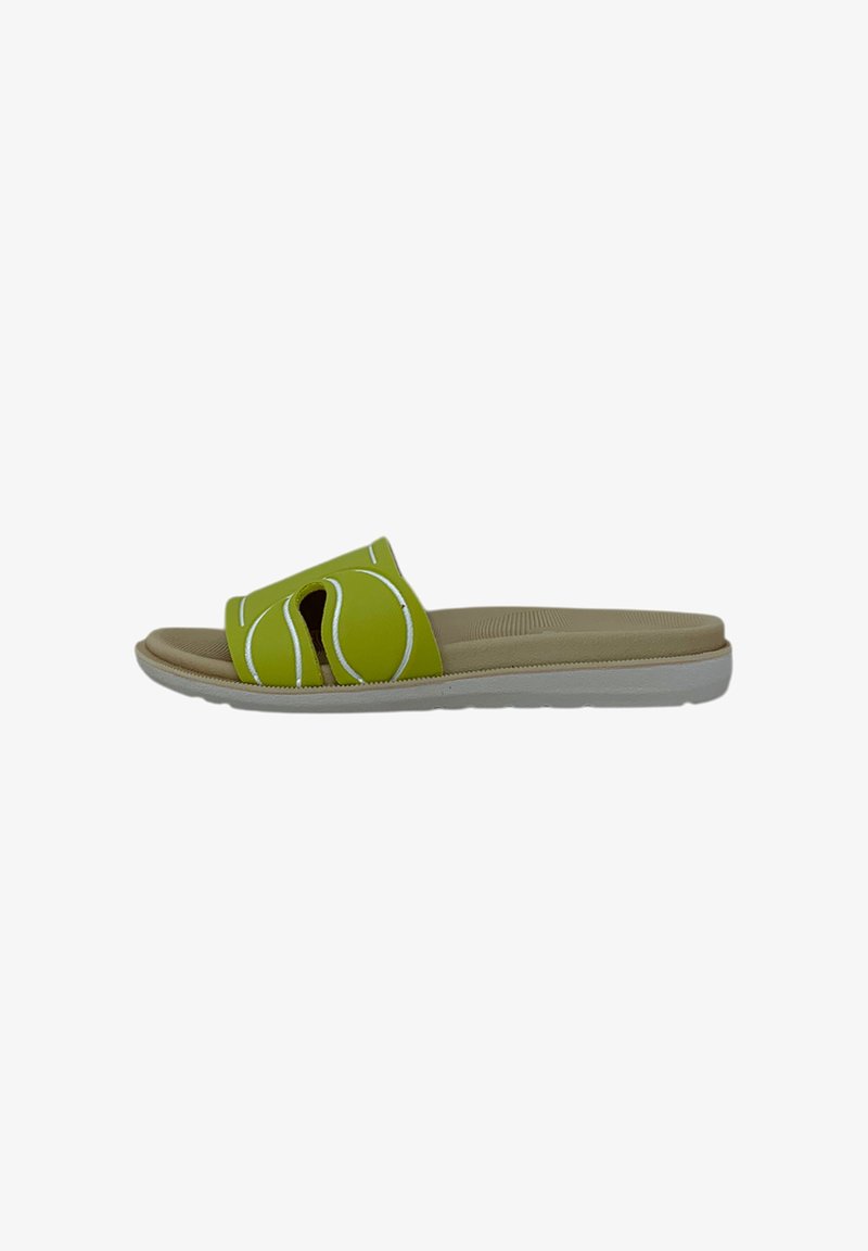 Sandal in verde con cuciture bianche a contrasto, dotato di un design open-toe e un plantare beige imbottito. Suola bianca leggera.
