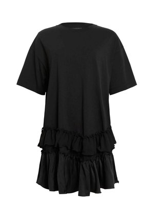 Black, short-sleeve dress made of smooth fabric, featuring ruffled tiers at the hem for added texture and a relaxed silhouette.