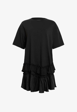 Rochie neagră, cu mânecă scurtă, confecționată dintr-un material neted, având volănașe la tiv pentru un plus de textură și o siluetă relaxată.