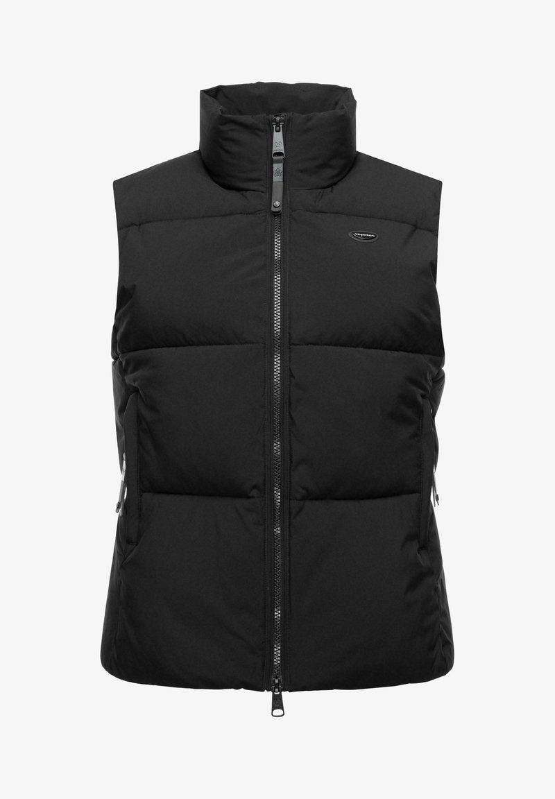 Schwarze Steppweste mit hohem Kragen, Reißverschluss vorne, gesteppte Abschnitte und seitlichen Taschen. Glatte Textur, leichtes Design, geeignet zum Layering.