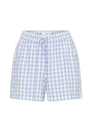 Shorts à carreaux bleu clair et blanc avec une ceinture élastique et un cordon de serrage, fabriqués en tissu léger.