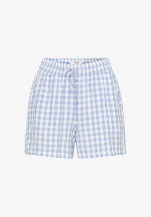 Pantalones cortos de cuadros azul claro y blanco con cintura elástica y cordón ajustable, confeccionados con tela ligera.