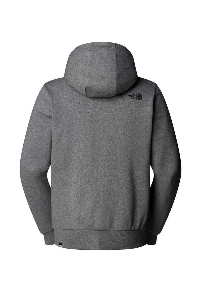 Sudadera gris hecha de tejido suave, con una capucha amplia, puños y dobladillo acanalados, y un pequeño logo negro en la parte superior de la espalda.