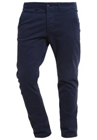 Marinblå chinos i bomull, med slim fit, fem fickor, dragkedja och en enda knappstängning. Slät yta och ren design.