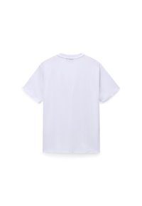 White cotton t-shirt with short sleeves, crew neck, and a smooth texture. The design features no graphics or patterns, appearing minimalist.