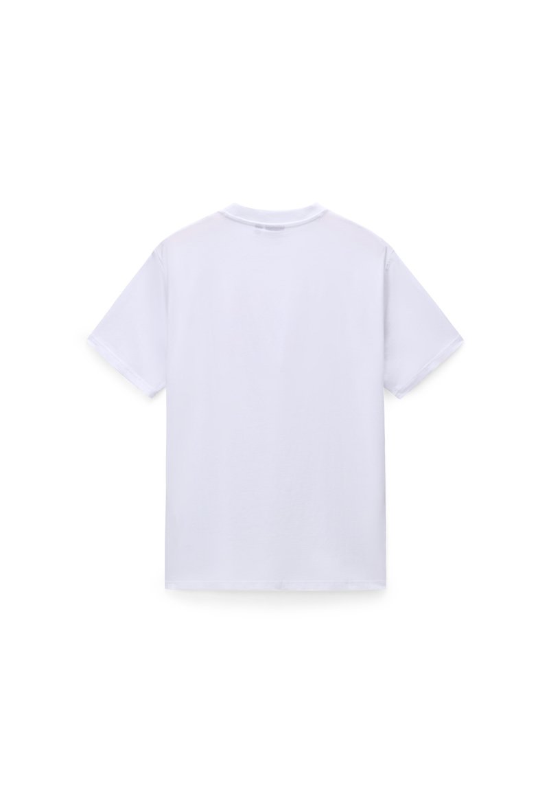 Biała bawełniana koszulka z krótkim rękawem, okrągłym dekoltem i gładką fakturą. Projekt nie zawiera grafiki ani wzorów, ma minimalistyczny wygląd.