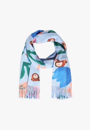 Šviesiai mėlynas šalikas su žaismingais lokių raštais ir abstrakčiomis žalios bei rožinės spalvų formomis. Plunksnuoti galai suteikia tekstūrą.