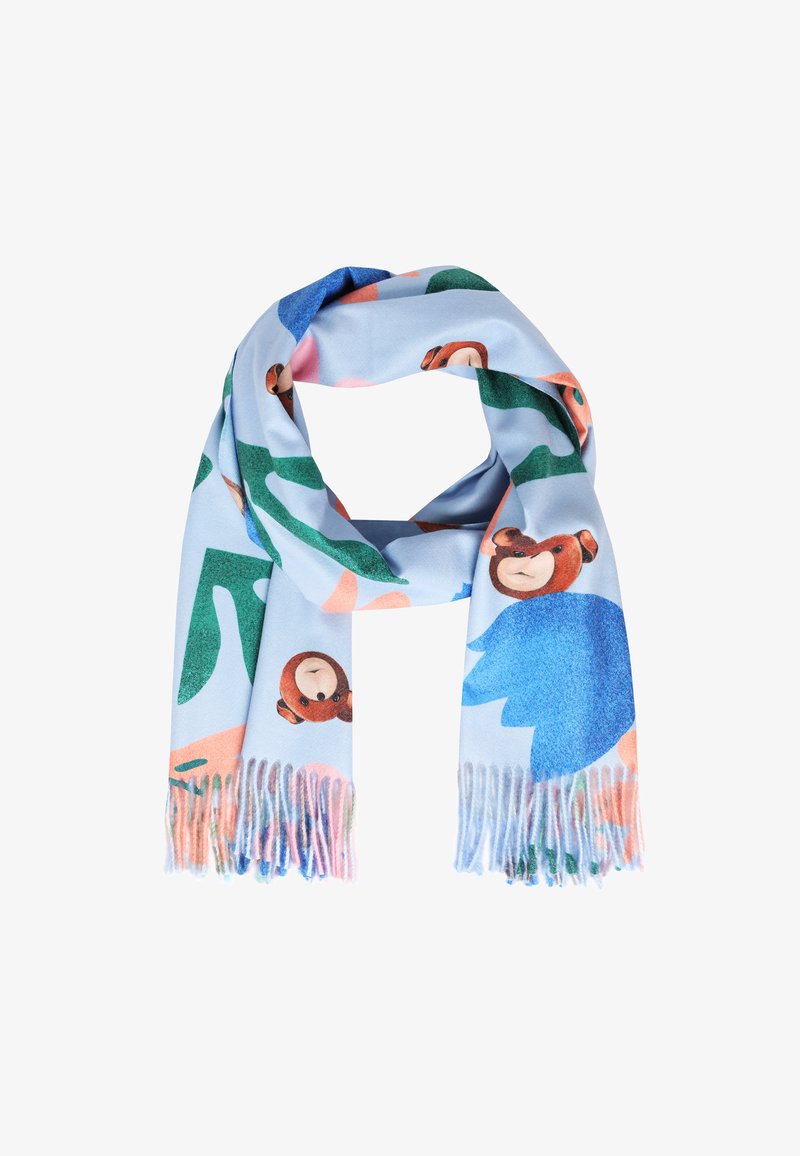 Eșarfă bleu deschis, cu modele vesele de urși și forme abstracte în verde și roz. Capetele franjurate adaugă textură.