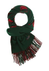 Fular verde cu model în carouri roșii, dintr-un material moale, cu margini franjurate și un etichetă de marcă. Design circular împletit pentru purtare versatilă.