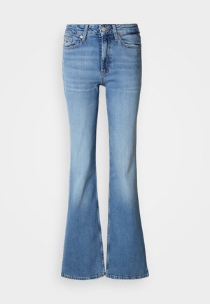 Sinised kõrge vöökohaga teksapüksid, millel on laiutuva säärega joonis, ees kinnitusnupud ja tõmblukk ning ees- ja tagataskud.