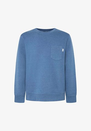 Blå sweatshirt i mjukt tyg med rund halsringning, långa ärmar och en liten bröstficka med en etikett. Enkel design i en solid färg.