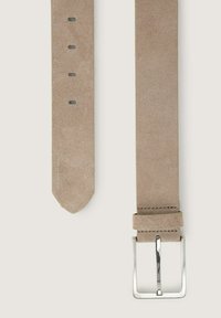 Light brown suede belt with a smooth finish, rectangular silver metal buckle, five adjustment holes, and a tapered end.