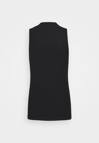 Top nero a maglia senza maniche con collo alto e orlo dritto, mostrato da dietro su uno sfondo bianco semplice.