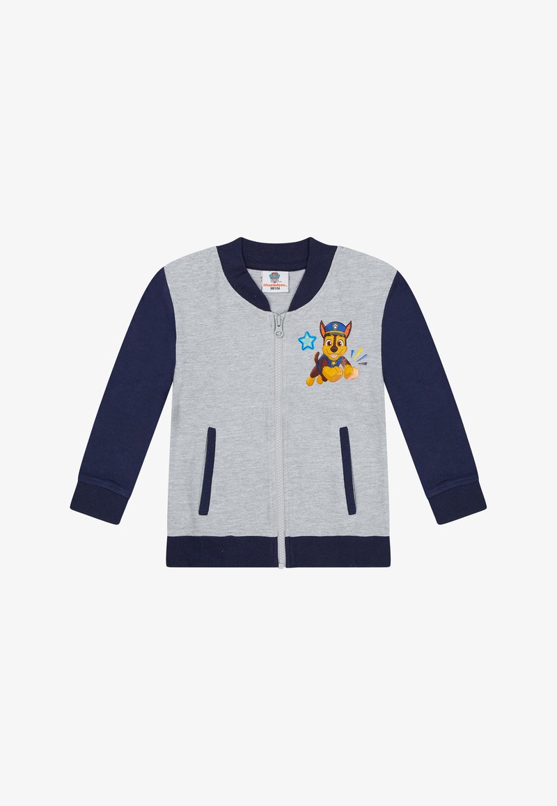Giacca a zip per bambini grigia e blu navy con due tasche frontali e una grafica del personaggio di Paw Patrol sul petto.