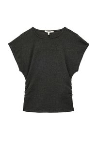 Top gris oscuro hecho de tela texturizada. Presenta mangas cortas, un escote redondo y lados fruncidos para un ajuste relajado.