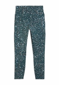 Legginsy wykonane z elastycznego materiału, w ciemnozielonym kolorze z jasnym abstrakcyjnym wzorem, z wysokim stanem i długością do kostek.