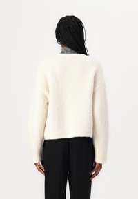 Pull en tricot de couleur crème avec une finition texturée, design cropped, manches larges et un aspect doux et pelucheux. Porté avec un pantalon noir.
