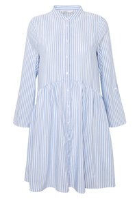 Blauwe en witte gestreepte shirtjurk met een knoopsluiting aan de voorkant, bandkraag en gathered taille. Lange mouwen met knoopaccenten. Katoenen stof.