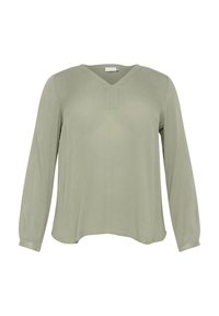 Hellgrüne langärmlige Bluse mit V-Ausschnitt, leicht schimmernd und in bequemer Passform; verfügt über ein Schlüsselelement am Hals und elastische Bündchen.