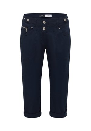 Pantalon court bleu marine avec fermeture à double bouton, poche zippée à droite, poches avant et ourlet retroussé avec détail de bouton.