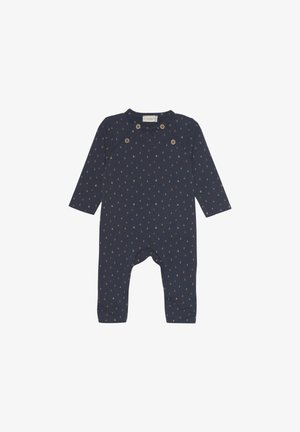 Navy blue long-sleeve romper with small tan triangular pattern, snap buttons on shoulders, and ribbed cuffs at ankles. Soft fabric texture.