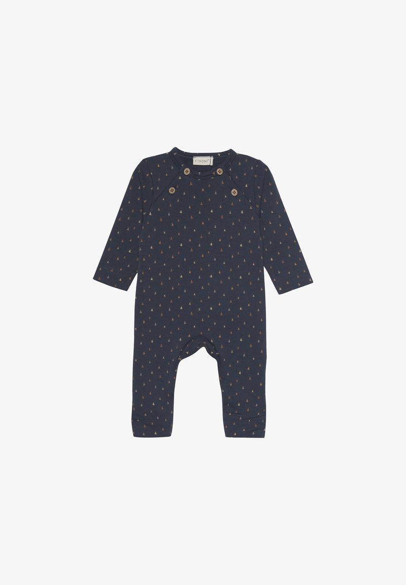 Marineblauwe longsleeve rompert met een klein tan driehoekig patroon, drukknoopjes op de schouders en ribgebreide boorden bij de enkels. Zachte stofkwaliteit.