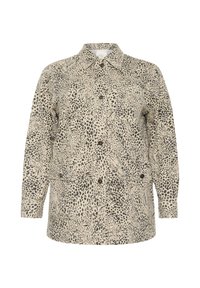 Beige long-sleeve button-up jacket with black animal print, chest and lower front pockets, and a classic collar.