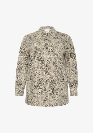 Beež pikka varrukat ja nööpidega jakki musta loomamustriga, rinnal ja alumisel ees taskud ning klassikaline krae.