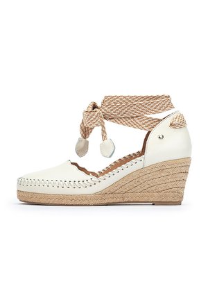 Alpargatas blancas de cuero con cuña y upper trenzado y correa al tobillo. Presenta una suela de yute natural texturizada con detalles de costura en contraste.