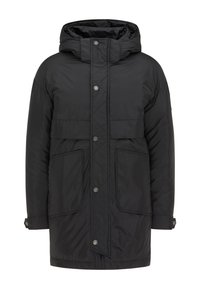 Jachetă puffer neagră cu glugă, închidere cu nasturi, două buzunare frontale și un model de matlasare în formă de diamant, fabricată dintr-un material neted, rezistent la apă.