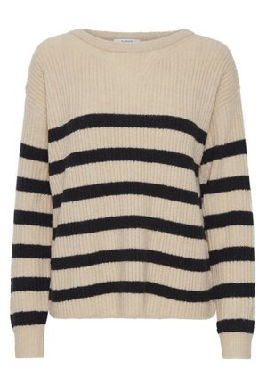 Beige kötött pulóver függőleges bordázással, vastag fekete vízszintes csíkokkal. Eséses vállú és széles nyakú. Puha tapintású.