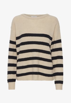 Beige kötött pulóver függőleges bordázással, vastag fekete vízszintes csíkokkal. Eséses vállú és széles nyakú. Puha tapintású.