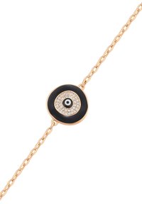 Bracciale in catena color oro con un pendente circolare nero, caratterizzato da un design centrale a occhio circondato da cristalli trasparenti. Superficie liscia, finitura lucida.
