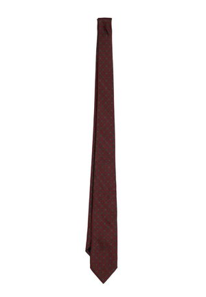 Corbata de seda roja con un patrón repetitivo de formas geométricas circulares y cuadradas en tonos azul oscuro y verde.